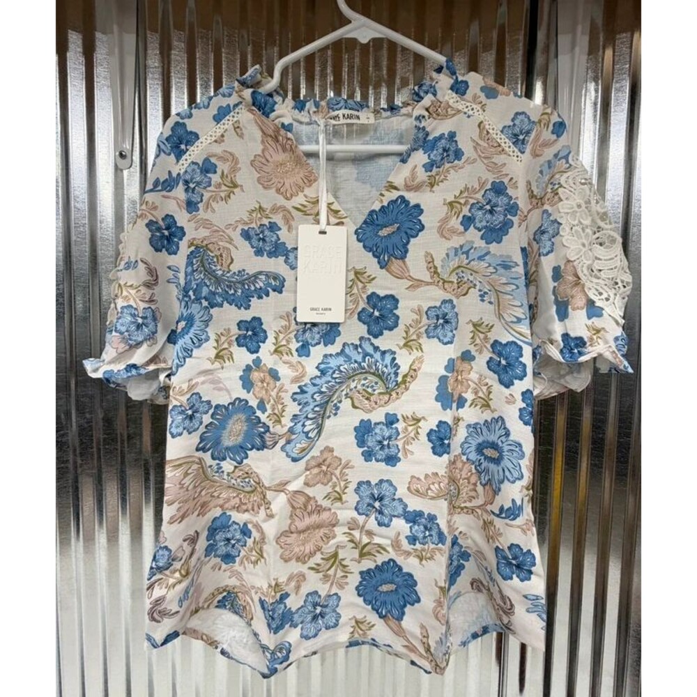 Women’s Small Floral Lace Sleeve Blouse Blue Beige NWT